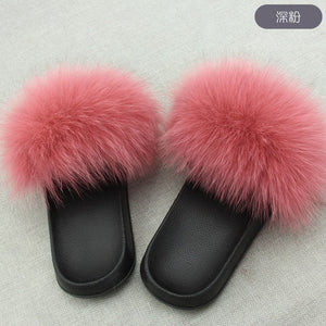 Real Fox Hair Slippers Women Fur Home Fluffy Sliders Winter Plush Furry Summer Flats Sweet Ladies Shoes Large Size 45 Pantufas