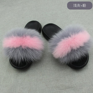 Real Fox Hair Slippers Women Fur Home Fluffy Sliders Winter Plush Furry Summer Flats Sweet Ladies Shoes Large Size 45 Pantufas
