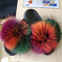 Load image into Gallery viewer, Coolsa Summer Women Fox Fur Slippers Real Fox hair Slides Female Furry Indoor Flip Flops Casual Beach Sandals Fluffy Plush Shoes