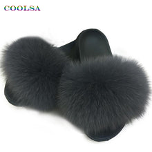 Load image into Gallery viewer, Coolsa Summer Women Fox Fur Slippers Real Fox hair Slides Female Furry Indoor Flip Flops Casual Beach Sandals Fluffy Plush Shoes