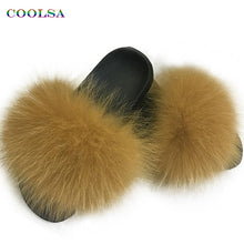 Load image into Gallery viewer, Coolsa Summer Women Fox Fur Slippers Real Fox hair Slides Female Furry Indoor Flip Flops Casual Beach Sandals Fluffy Plush Shoes