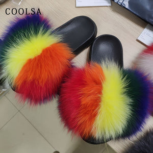 Coolsa Summer Women Fox Fur Slippers Real Fox hair Slides Female Furry Indoor Flip Flops Casual Beach Sandals Fluffy Plush Shoes