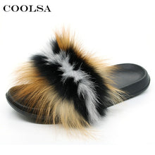 Load image into Gallery viewer, Coolsa Summer Women Fox Fur Slippers Real Fox hair Slides Female Furry Indoor Flip Flops Casual Beach Sandals Fluffy Plush Shoes