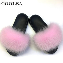 Load image into Gallery viewer, Coolsa Summer Women Fox Fur Slippers Real Fox hair Slides Female Furry Indoor Flip Flops Casual Beach Sandals Fluffy Plush Shoes