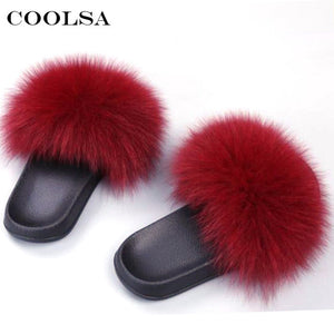 Coolsa Summer Women Fox Fur Slippers Real Fox hair Slides Female Furry Indoor Flip Flops Casual Beach Sandals Fluffy Plush Shoes