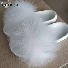 Load image into Gallery viewer, Coolsa Summer Women Fox Fur Slippers Real Fox hair Slides Female Furry Indoor Flip Flops Casual Beach Sandals Fluffy Plush Shoes